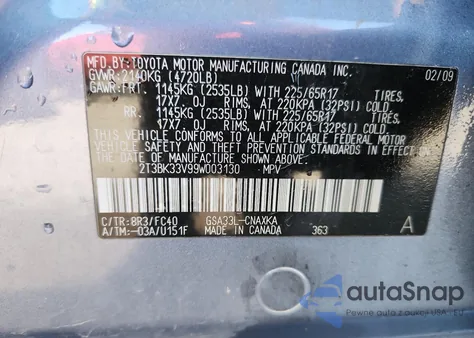 2009 Toyota Rav4 z USA, uszkodzony, nr VIN 2T3BK33V99W003130